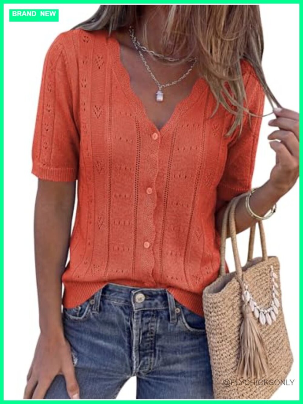 Crochet Knit Short Sleeve Cardigan Button Up V-Neck Summer Sweater